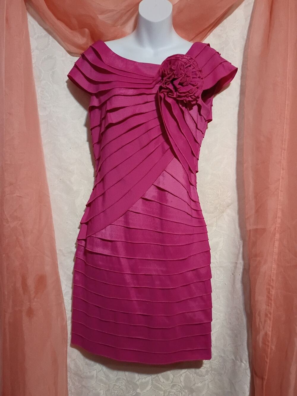 Cartise Ladies Fuchsia Layered Midi Sheath Dress with Floral Design Sz 2